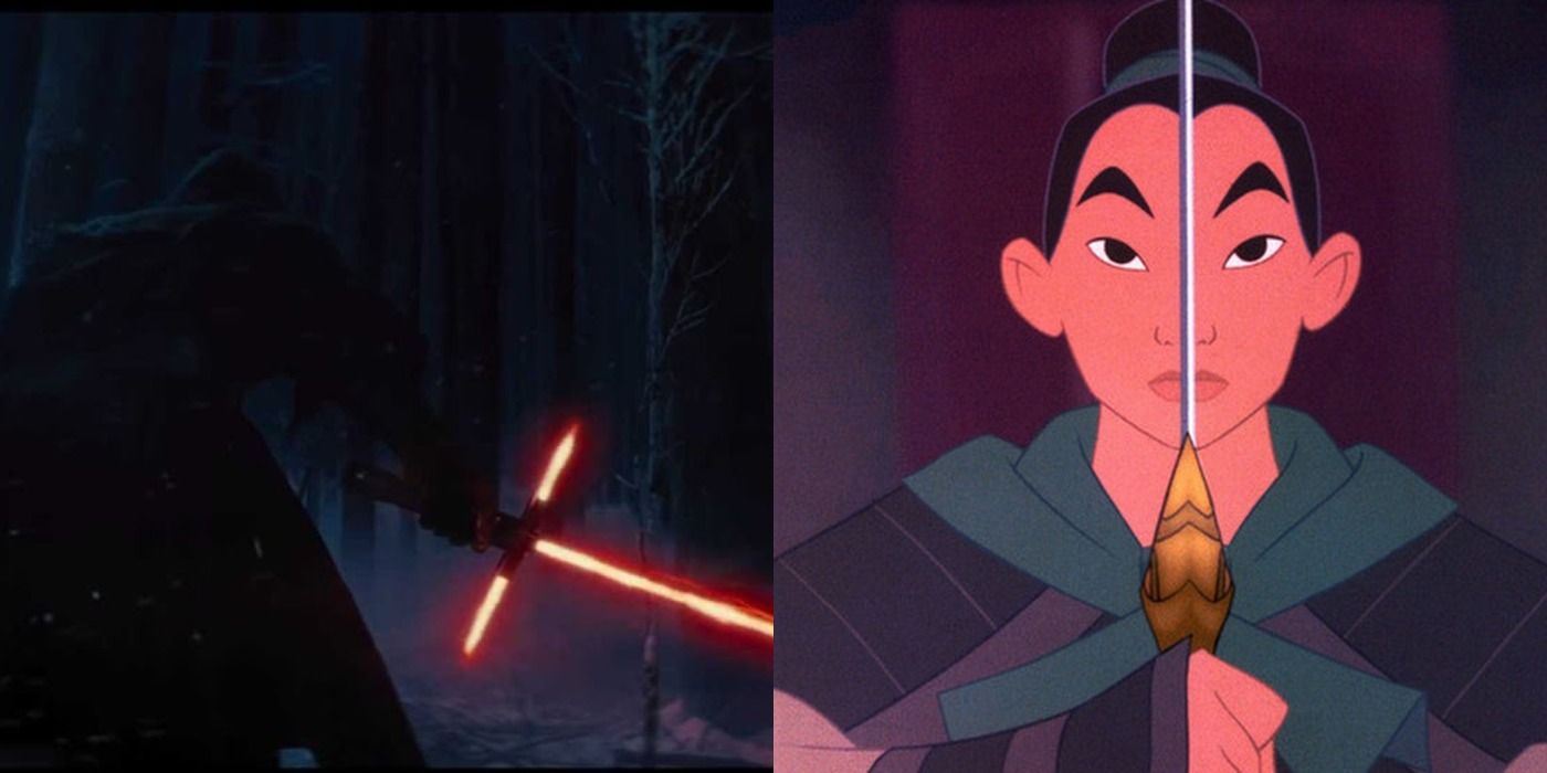 Kylo Ren and Mulan holding famous swords of Disney