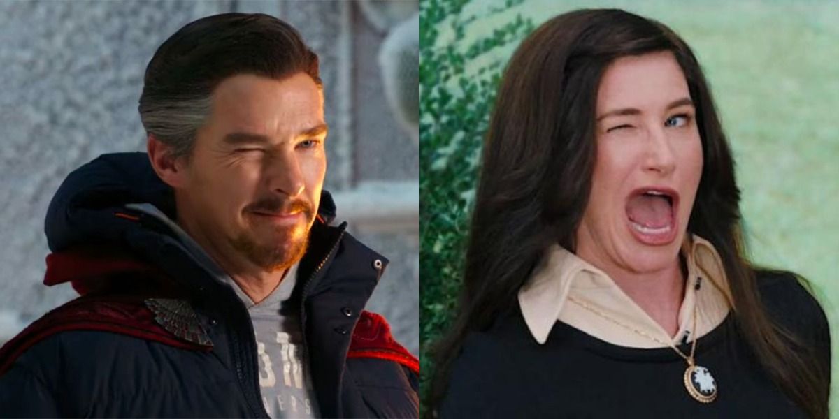 Doctor Strange winking in Spider-Man: No Way Home, and Agatha Harkness winking in WandaVision