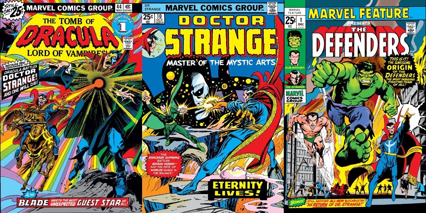 Split image of covers of Tomb of Dracula #44, Doctor Strange #10, and Marvel Feature #1 comics.