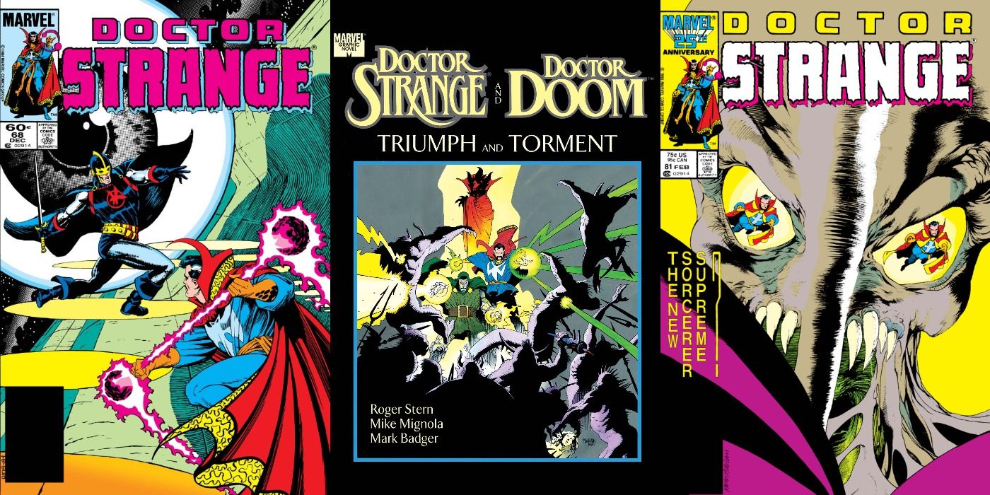 Split image of comic book covers of Doctor Strange 68, Triumph And Torment, and Doctor Strange 81.