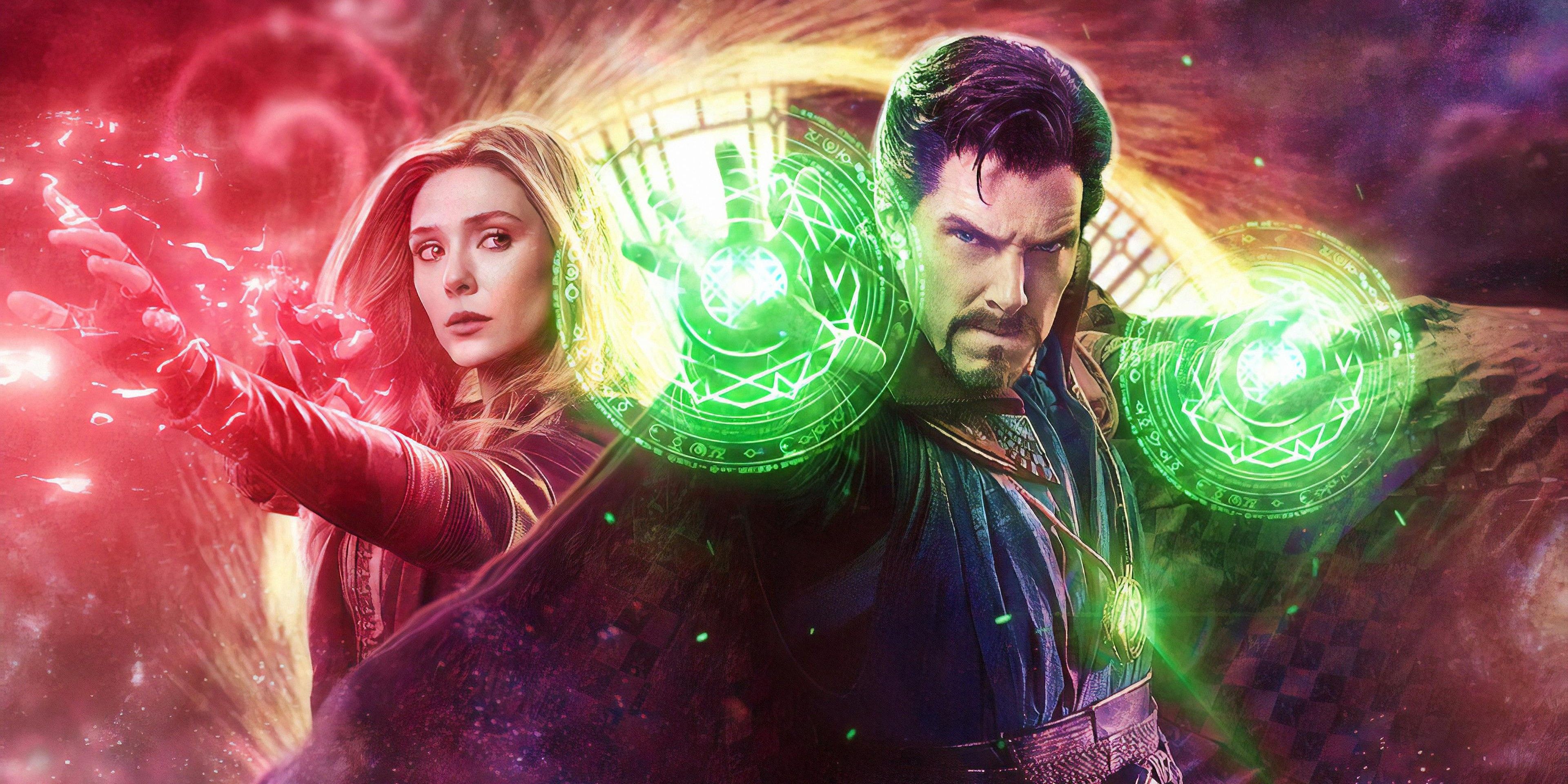 Blended image showing Wanda and Doctor Strange using their powers