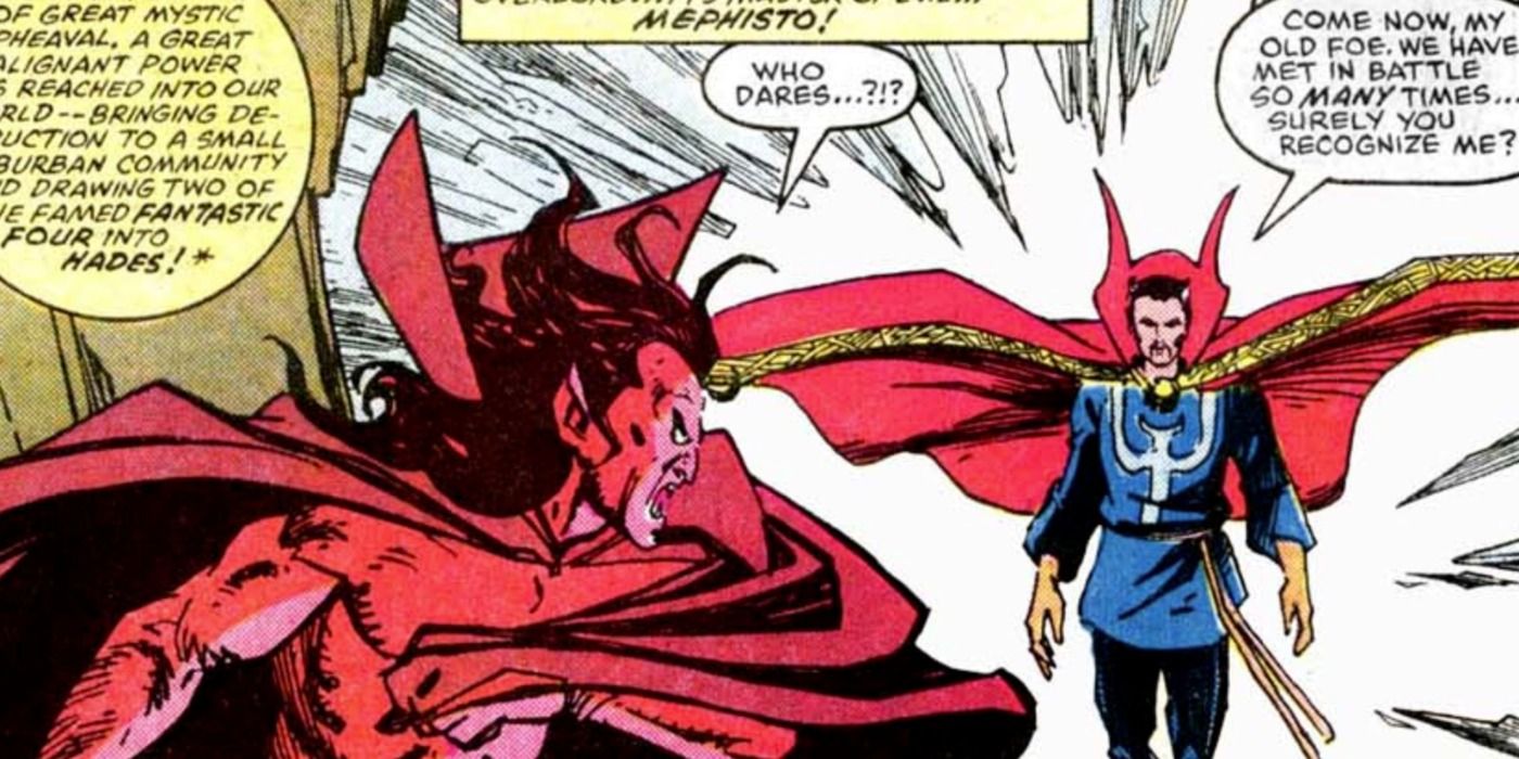 Doctor Strange confronts Mephisto in Marvel Comics.