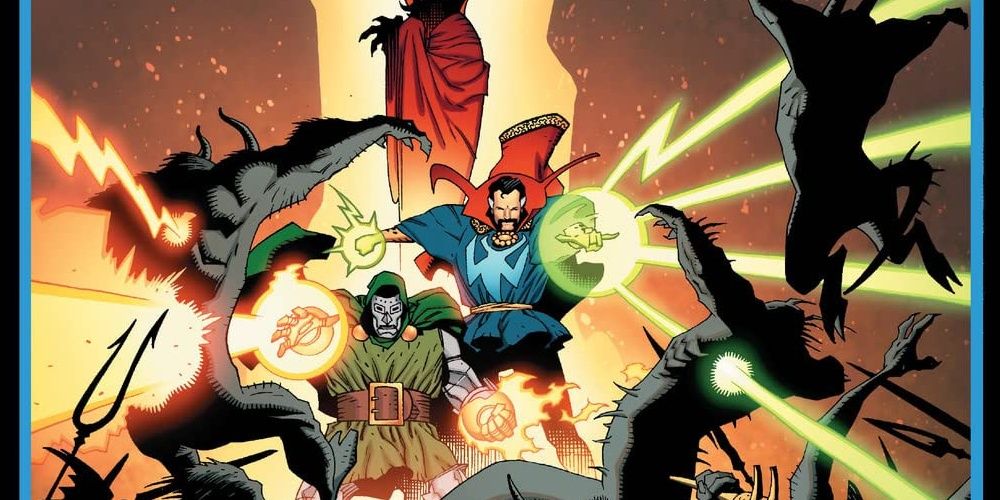 Doctor Strange fighting alongside Doctor Doom in Marvel Comics.