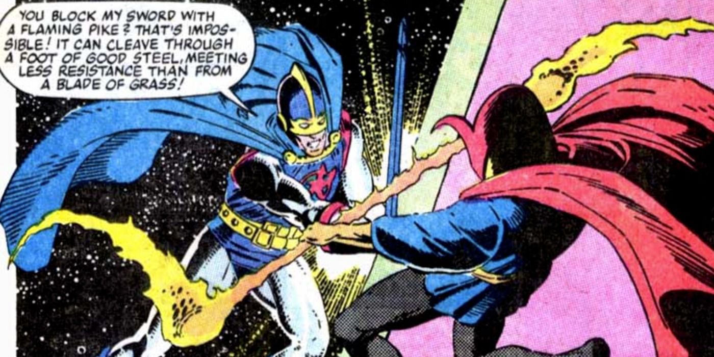 Doctor Strange fights the Black Knight in Marvel Comics.