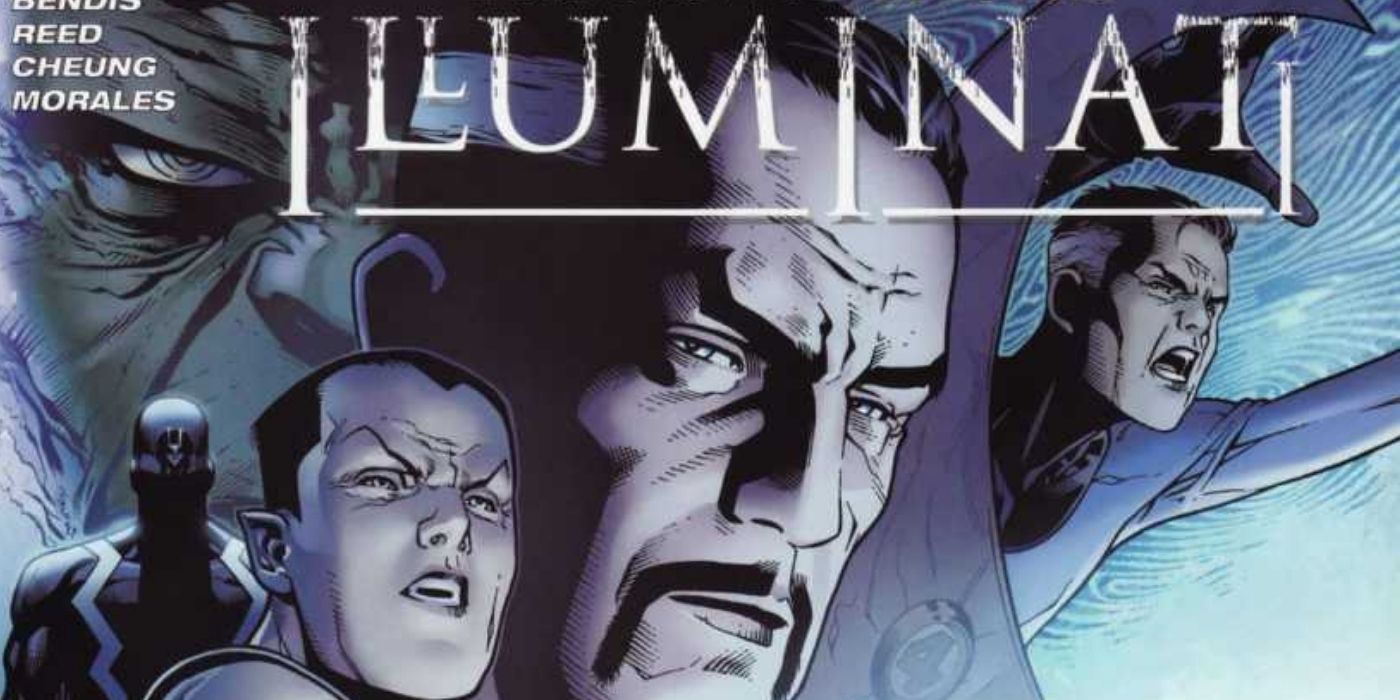 Doctor Strange looking sideways among other Marvel characters on the cover of Illuminati