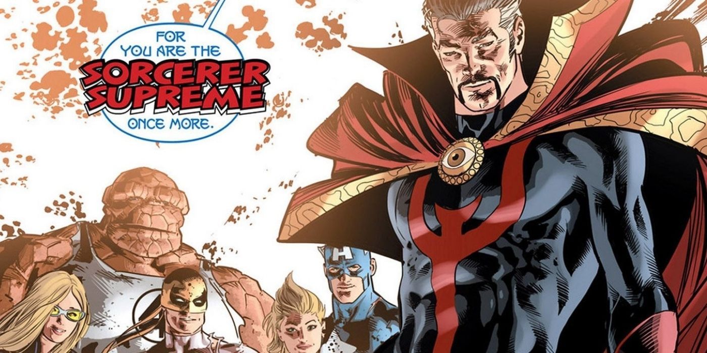 Doctor Strange standing while Marvel heroes look from behind