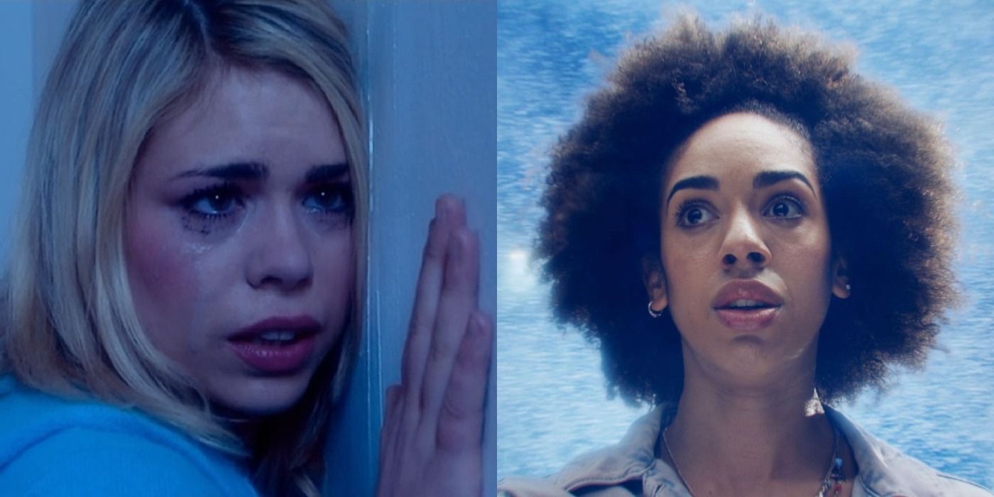 Split image of Rose against a wall and Bill Potts looking scared in Doctor Who