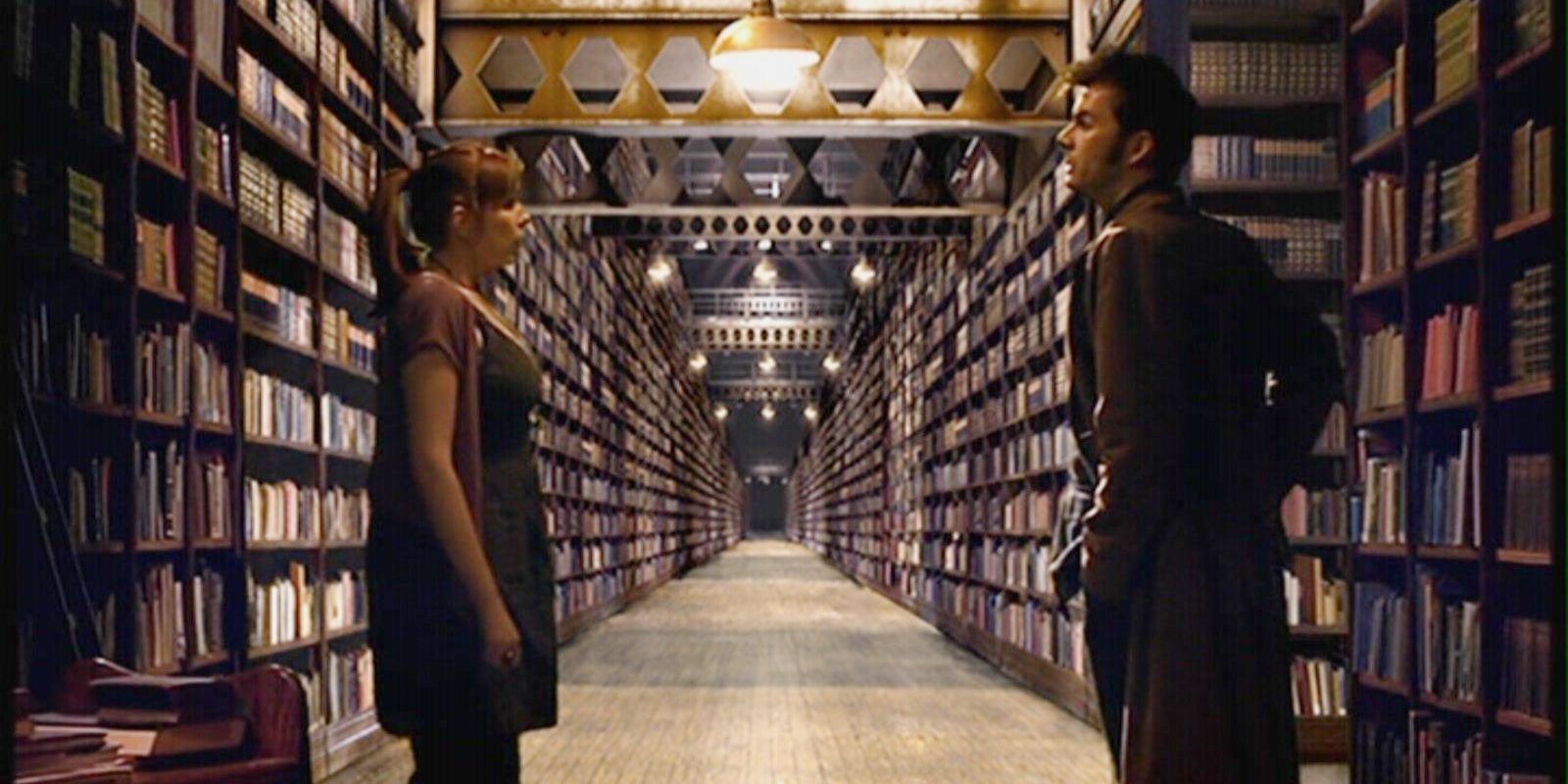 Donna and Ten stare at each other in the Library in Doctor Who.