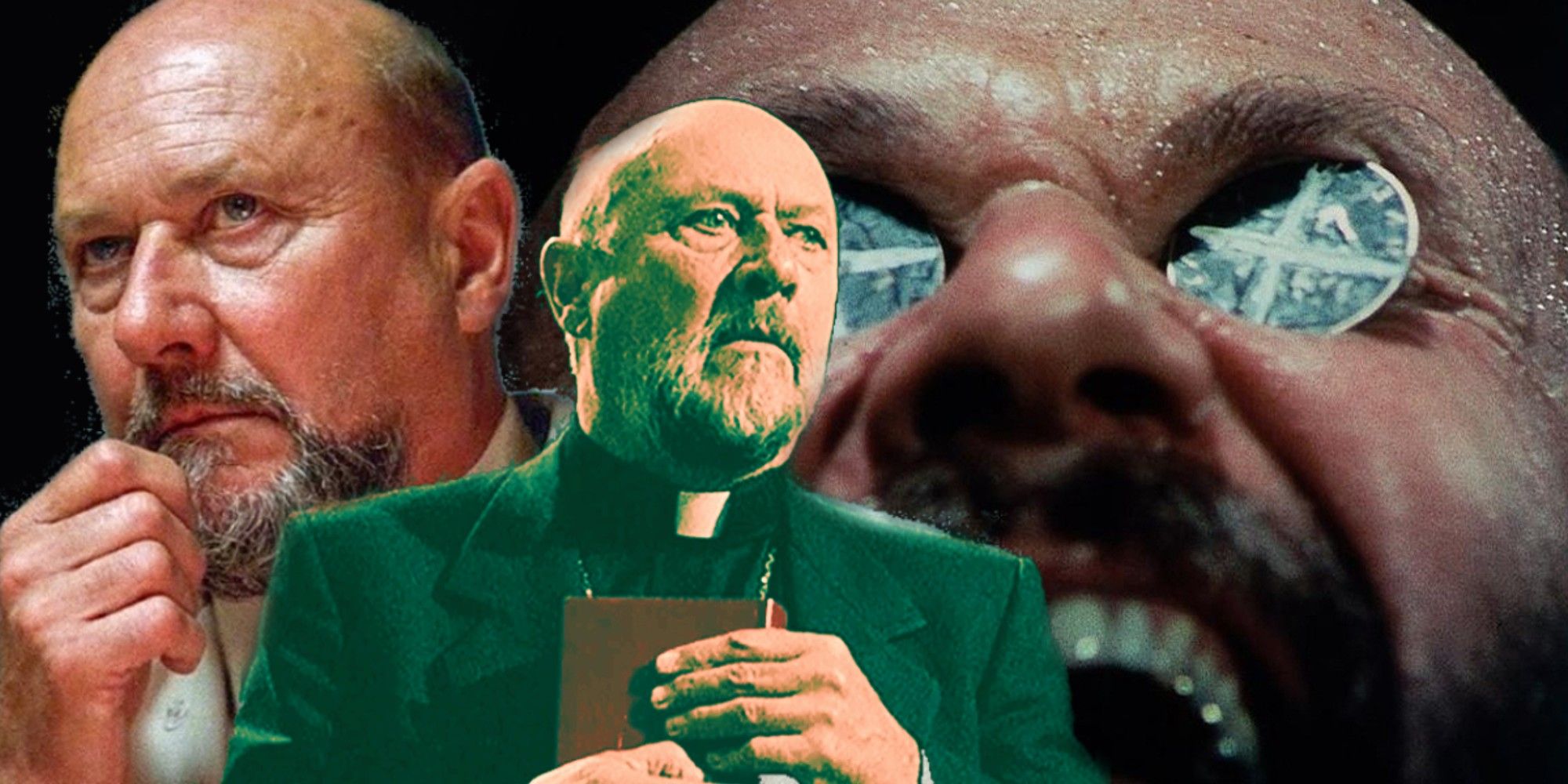 Blended image of Donald Pleasance in different horror movies