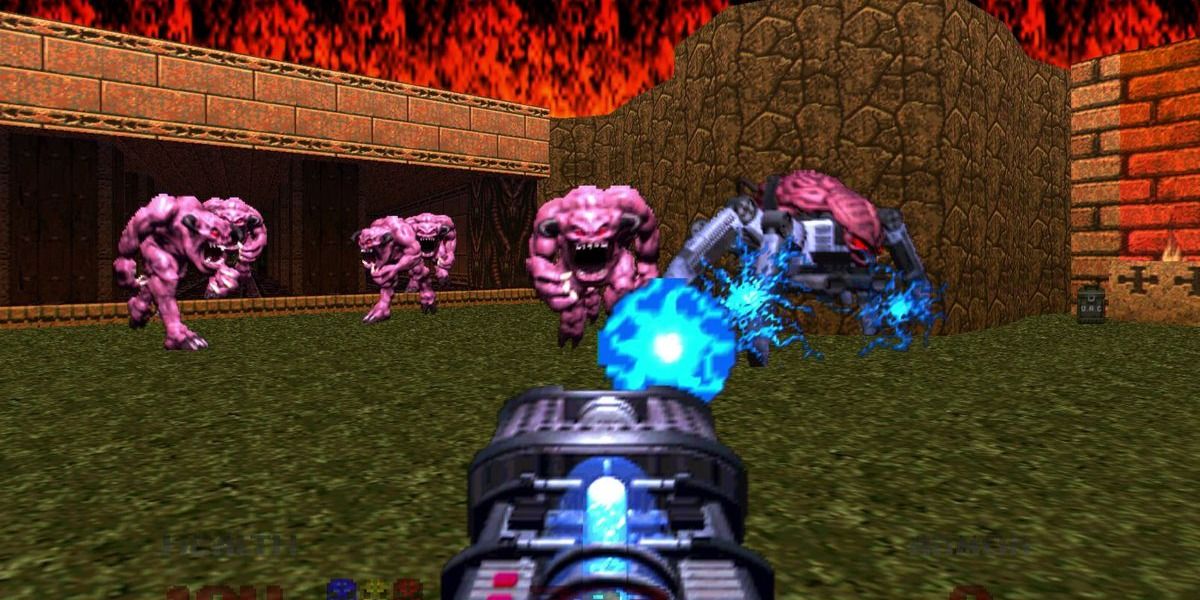 Doom Guy battles a horde if Pinkies in Doom 64.