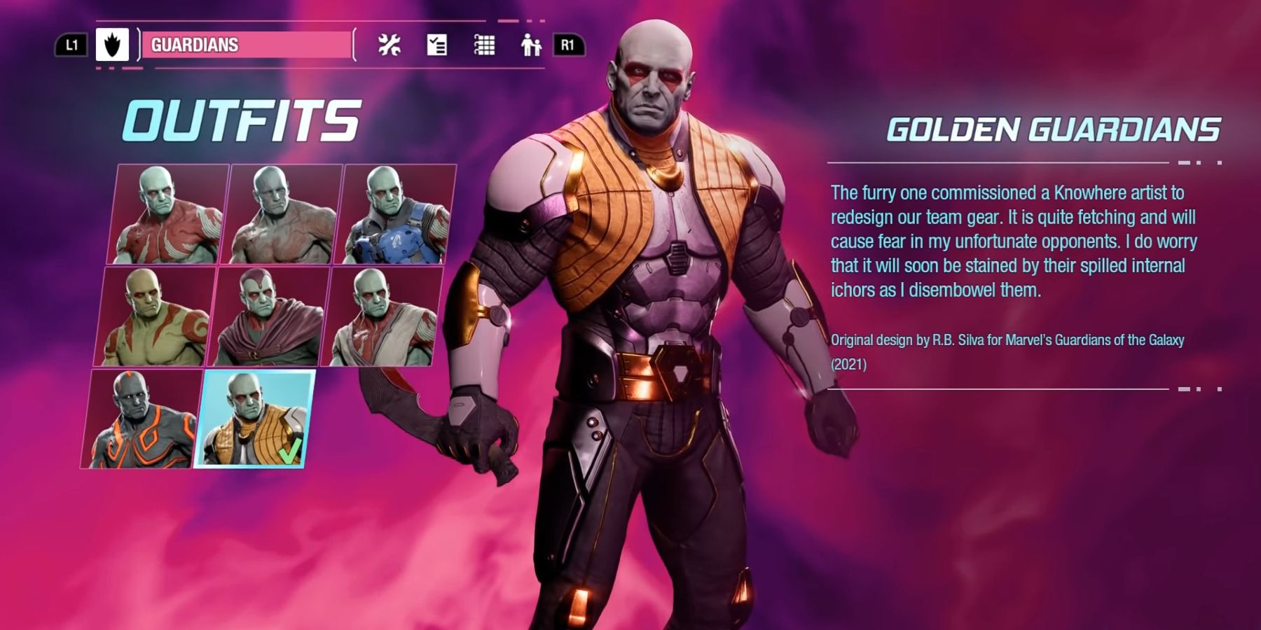 Drax wearing his Golden Guardian outfit in Marvel's Guardians Of The Galaxy