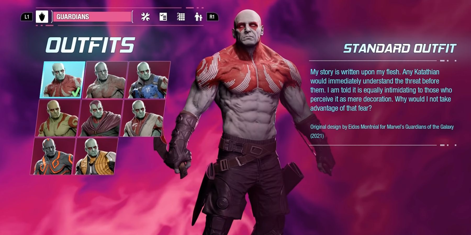 Drax wearing his Standard Outfit in Marvel's Guardians Of The Galaxy