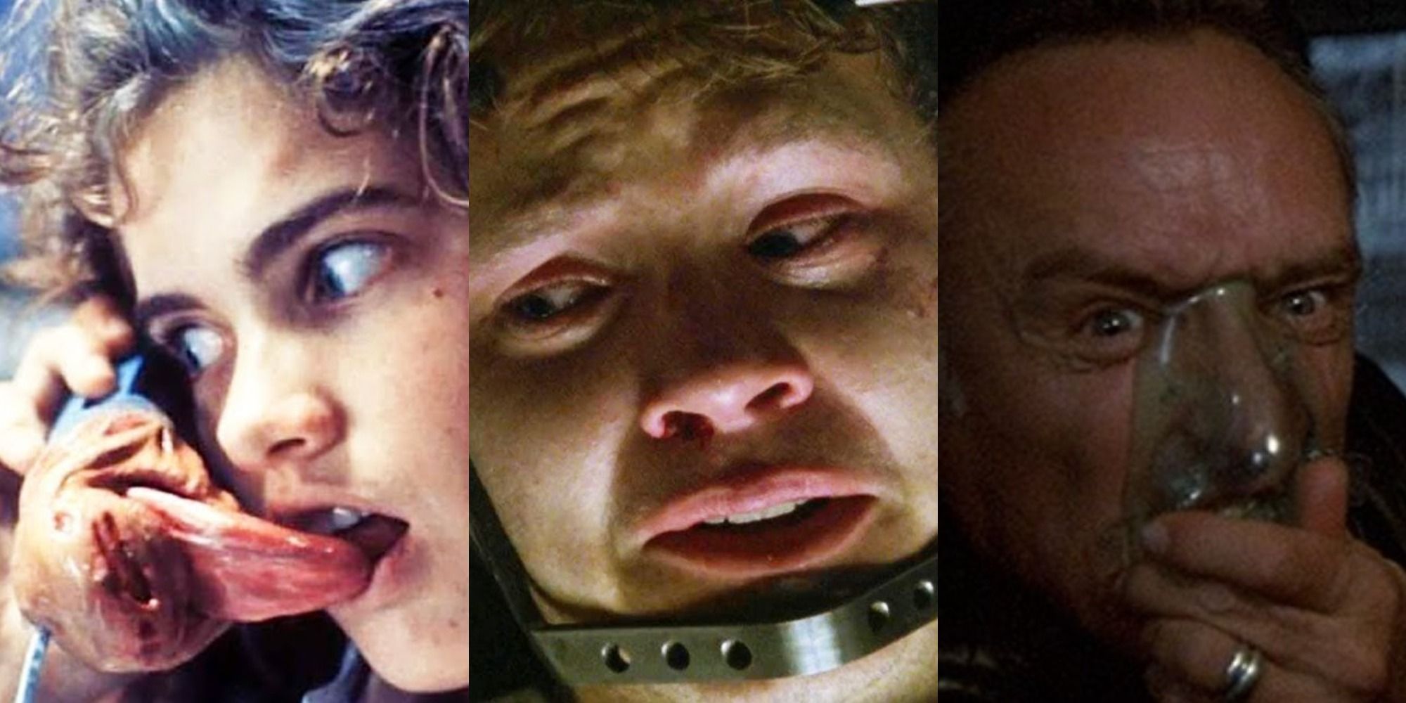 Split image of Nancy in A Nightmare on Elm Street, Jacob in Jacob's Ladder, & Dennis Hopper in Blue Velvet.