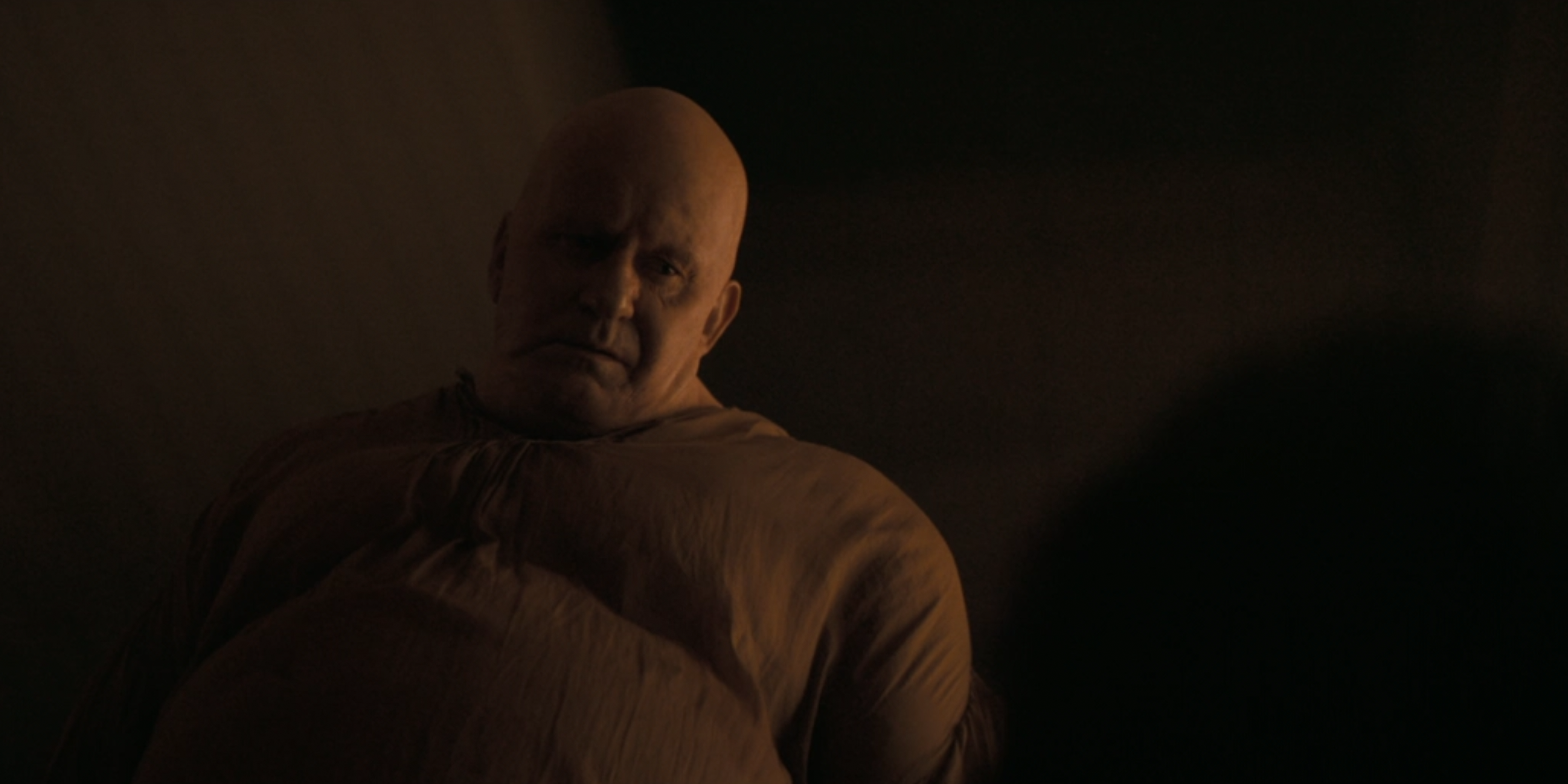 Stellan Skarsgard as Baron Vladimir Harkonnen in a low angle shot in Dune 2021