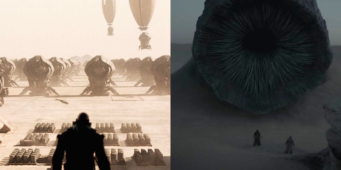 Split image with Harkonnen harvesters and the Worm from 2021 Dune.