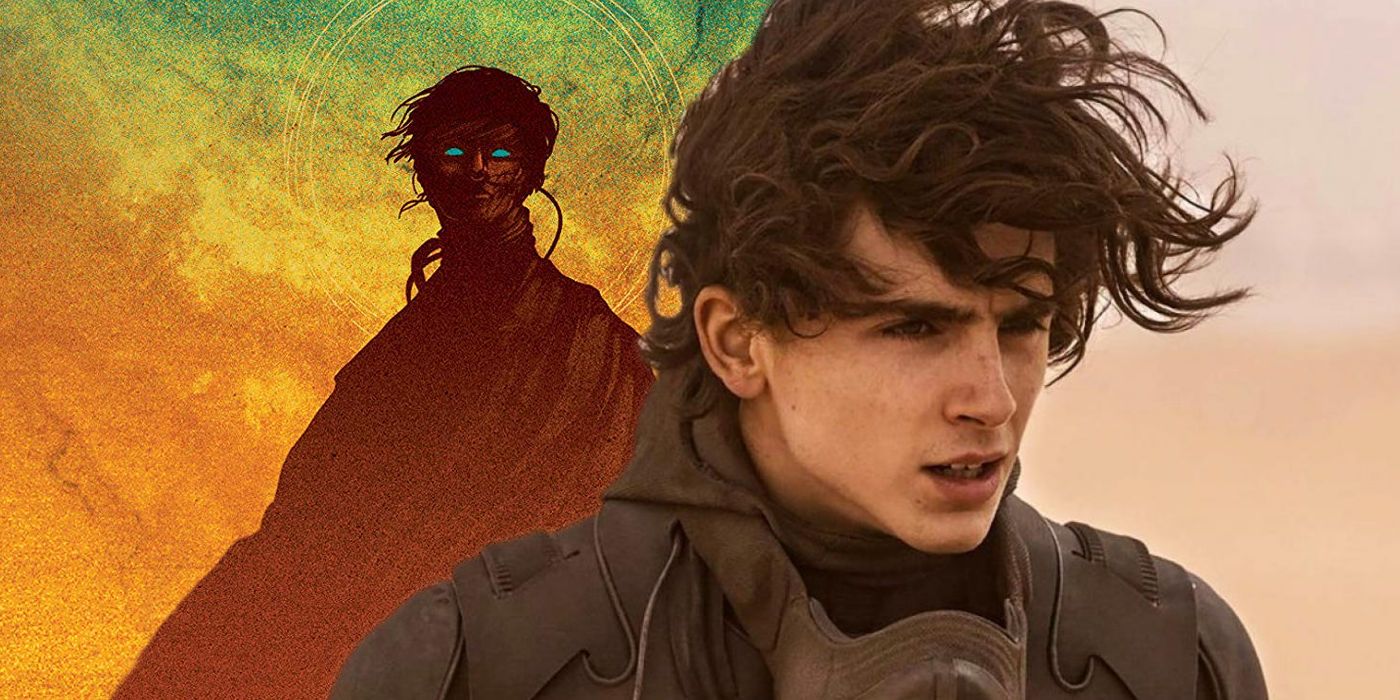 Timothee Chalamet as Paul Atreides in front of an image of the Dune book cover