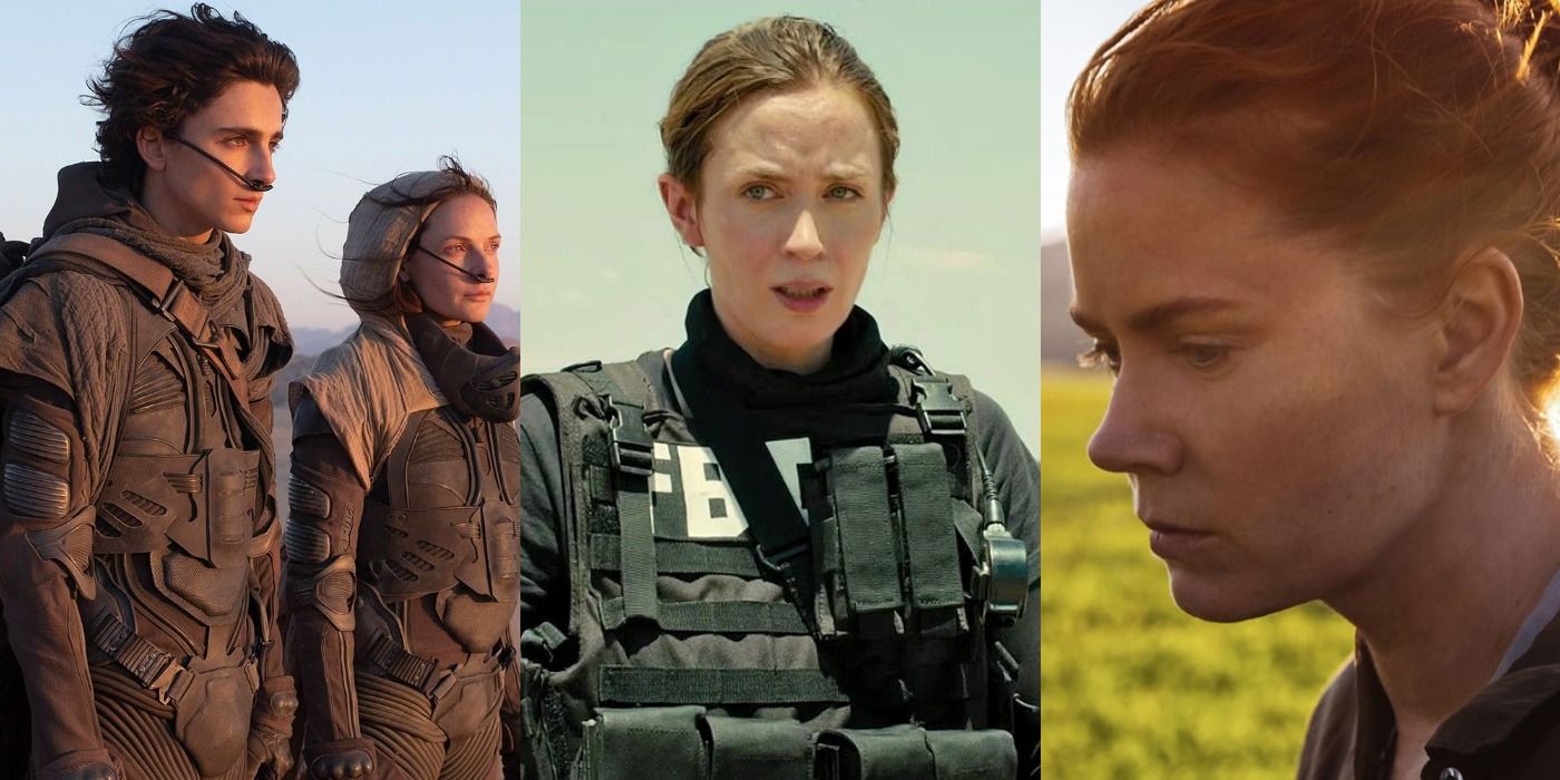 Three images showing Paul Atreides and Lady Jessica in Dune, Kate Macer in Sicario, and Louise Banks in Arrival.
