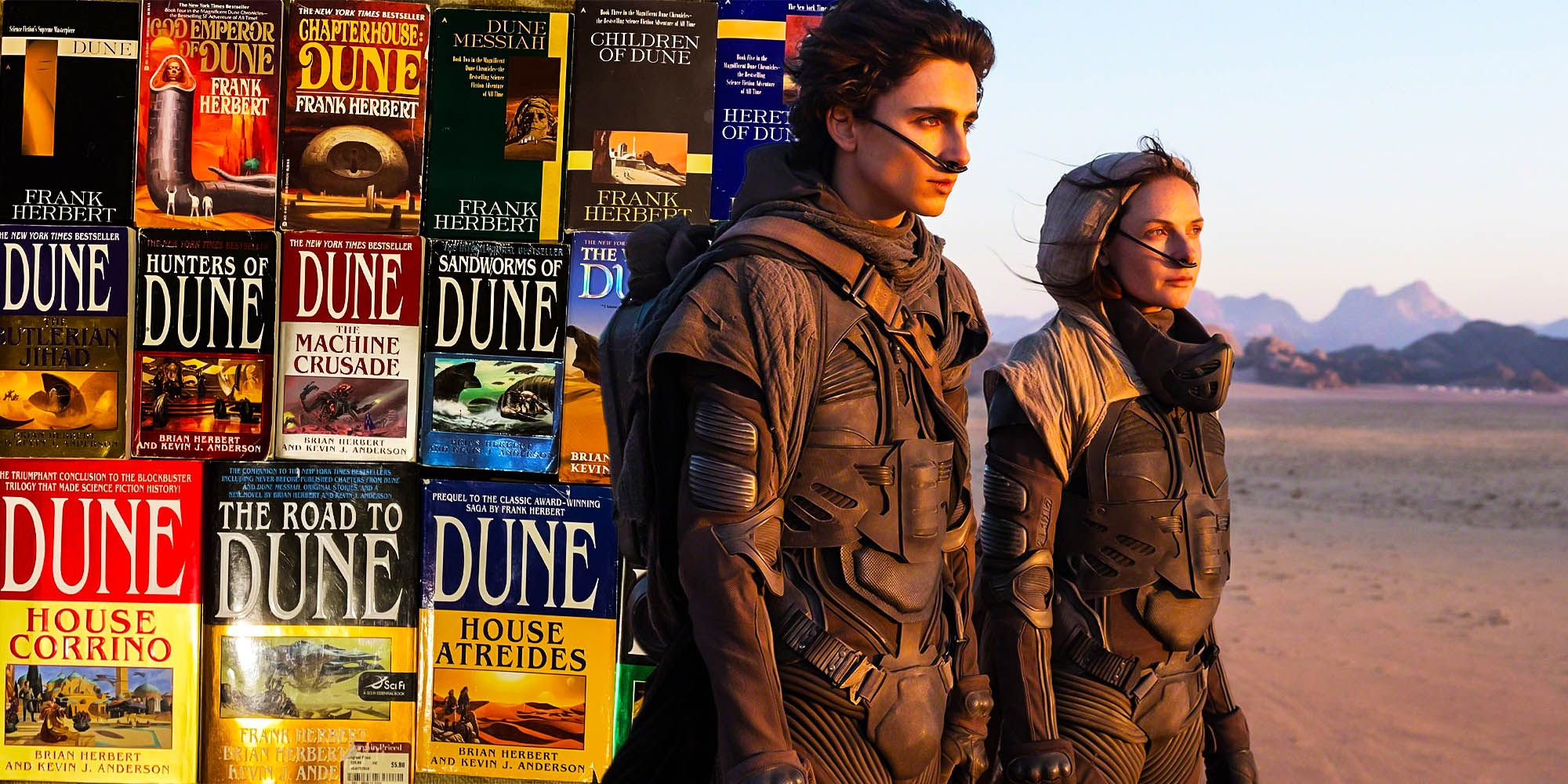 Paul Atreides, played by Timothee Chalomet, and Lady Jessica, played by Rebecca Ferguson, juxtaposed next to the covers of various Dune novels.