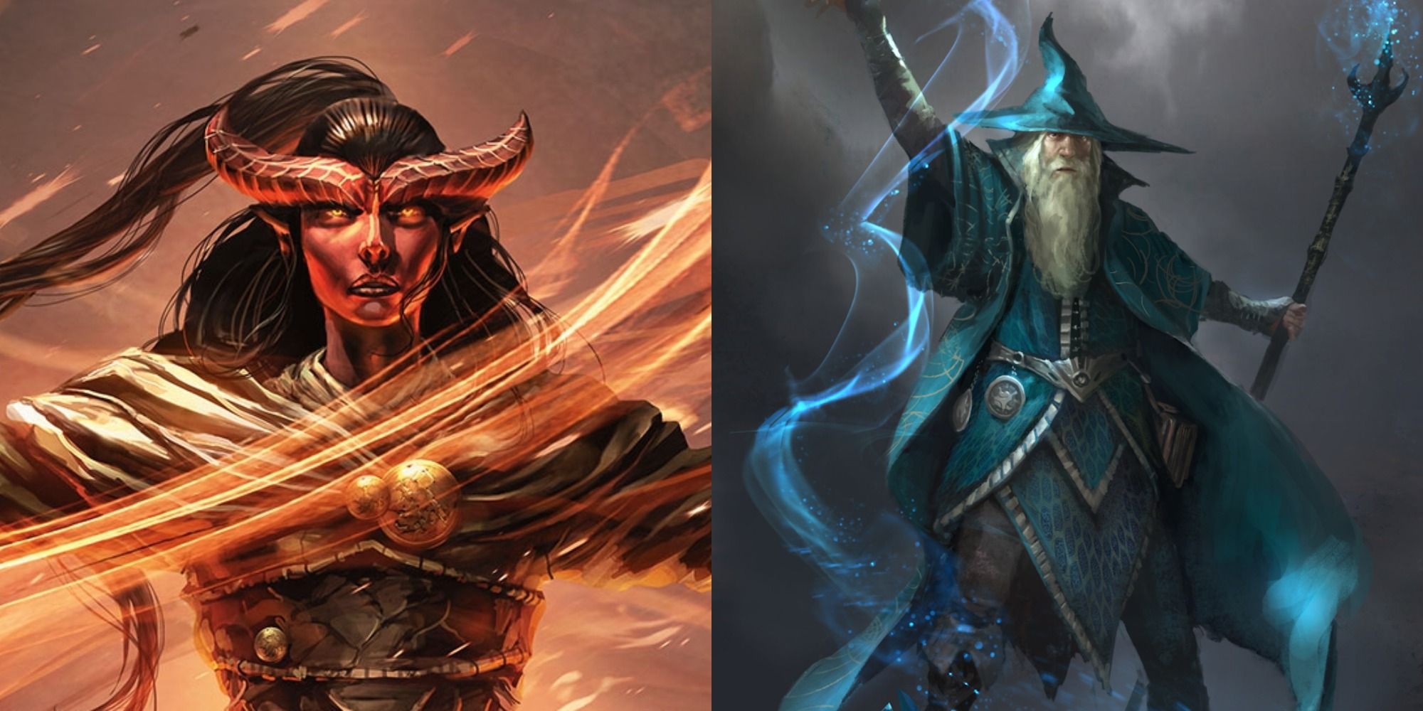 Split image of Artwork of a Warlock in D&D and a wizard