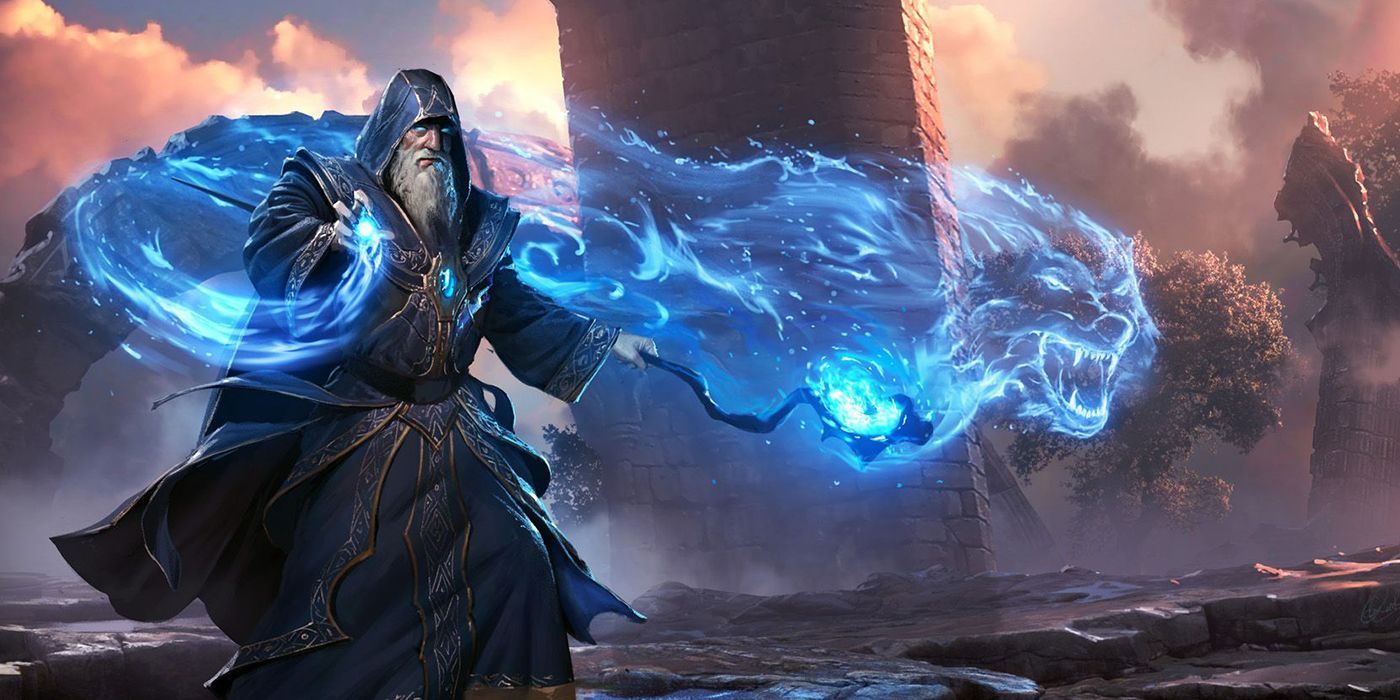 Artwork showing a wizard casting a spell in D&D.