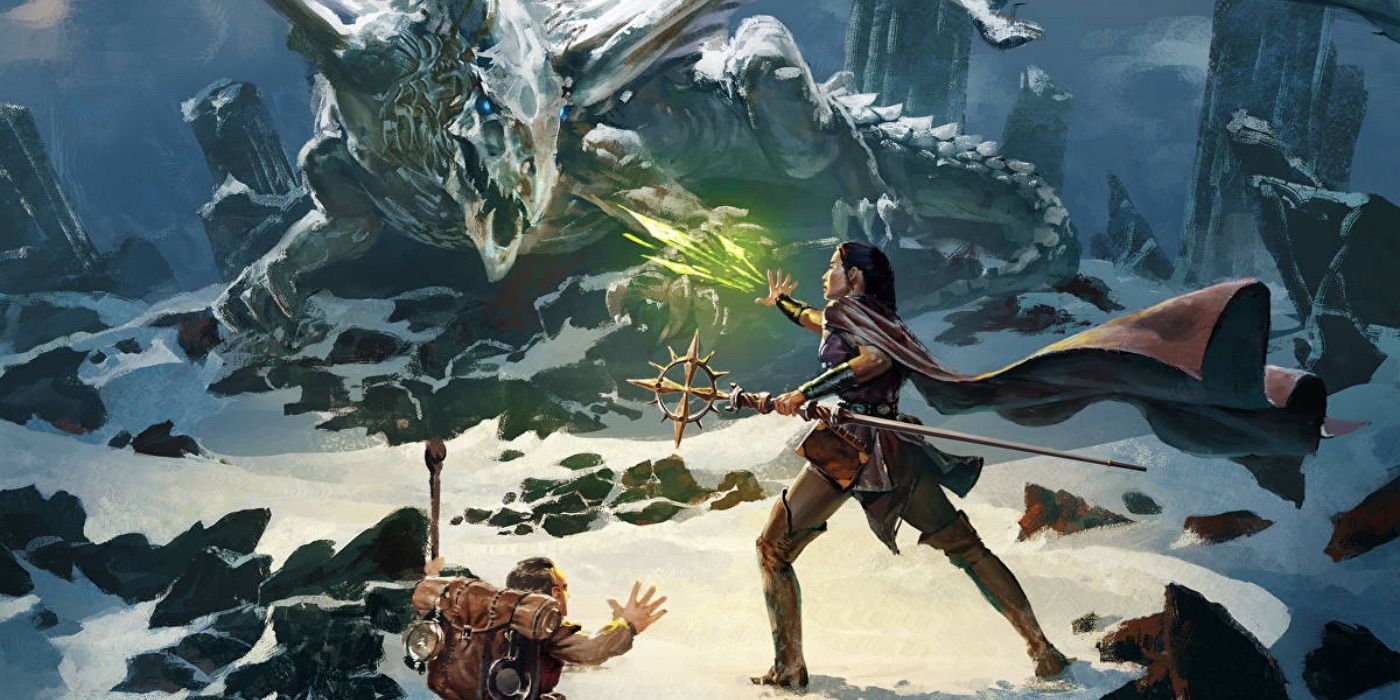 A spellcaster faces a dragon on snowy ruins in Dungeons and Dragons art