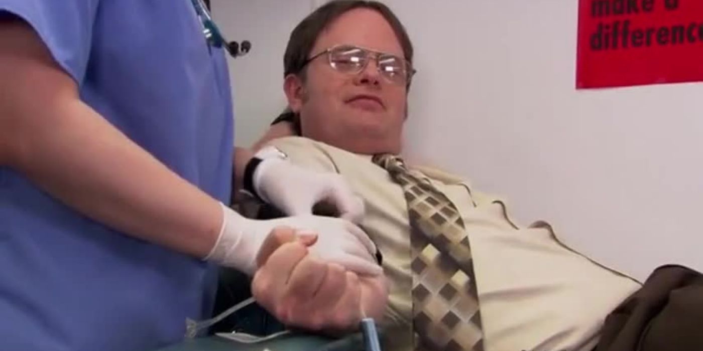 Dwight giving blood in an episode of The Office