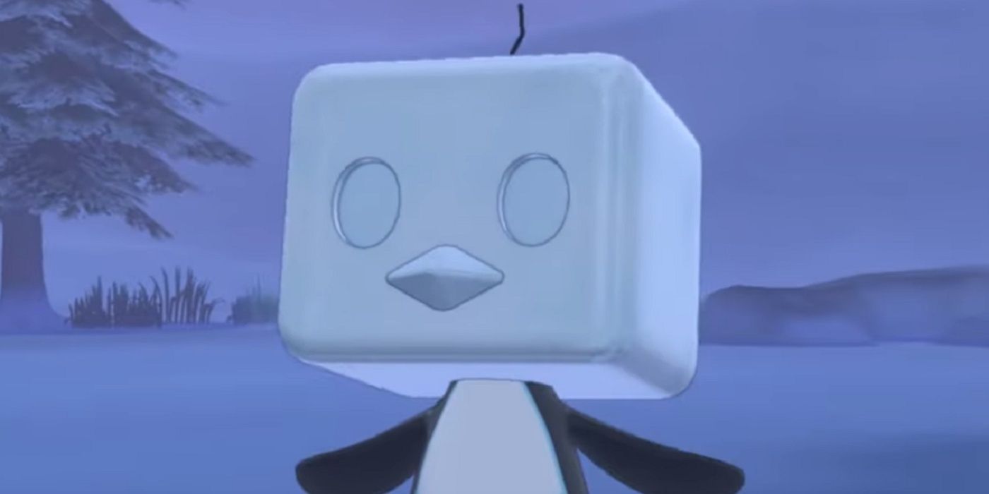 Eiscue in front of a snowy landscape in Pokemon Sword &amp; Shield