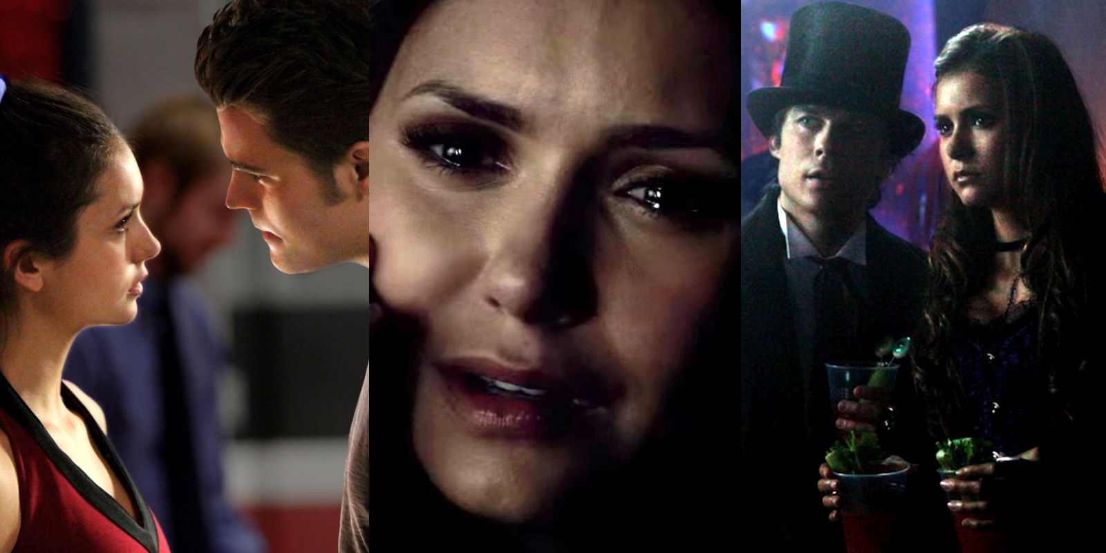 Split image of Elena with Stefan at cheerleading, Elena on the phone, and Elena at a party with Damon in The Vampire Diaries.