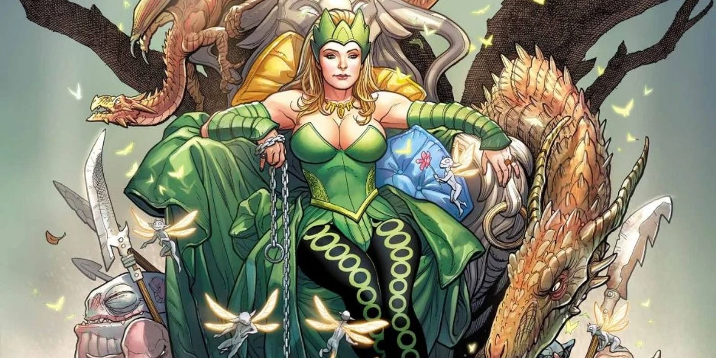 Enchantress sitting on a throne in Marvel Comics.