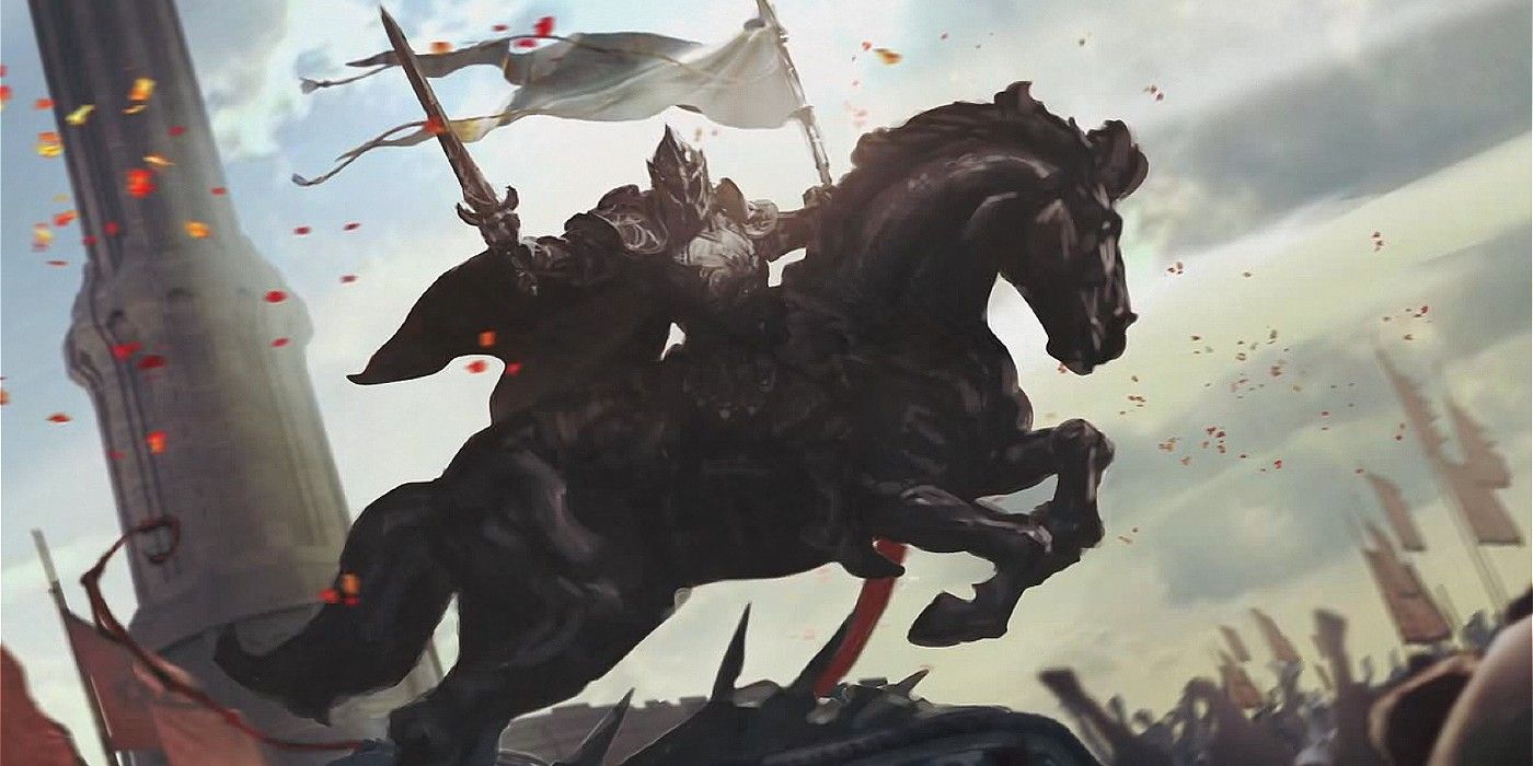 A soldier rides a horse carrying a flag in The Elder Scrolls.