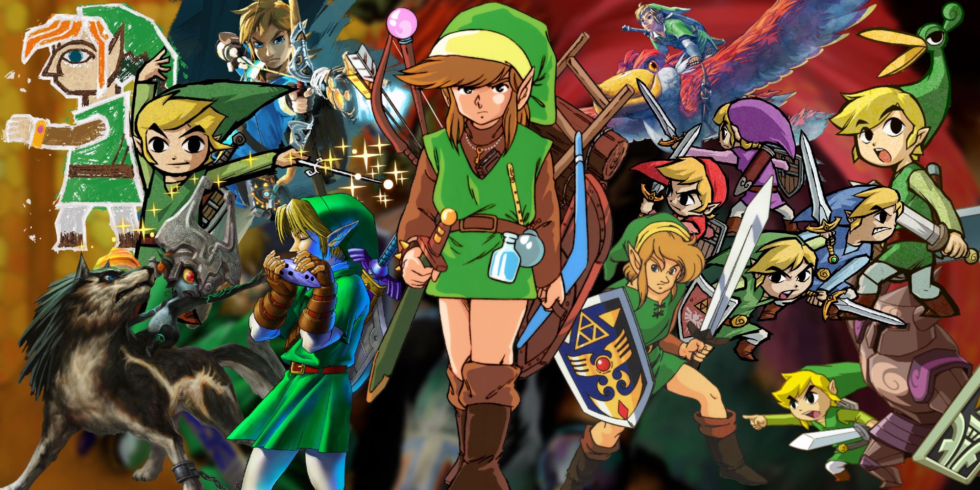A collage of every version of Link seen in the Legend of Zelda Series