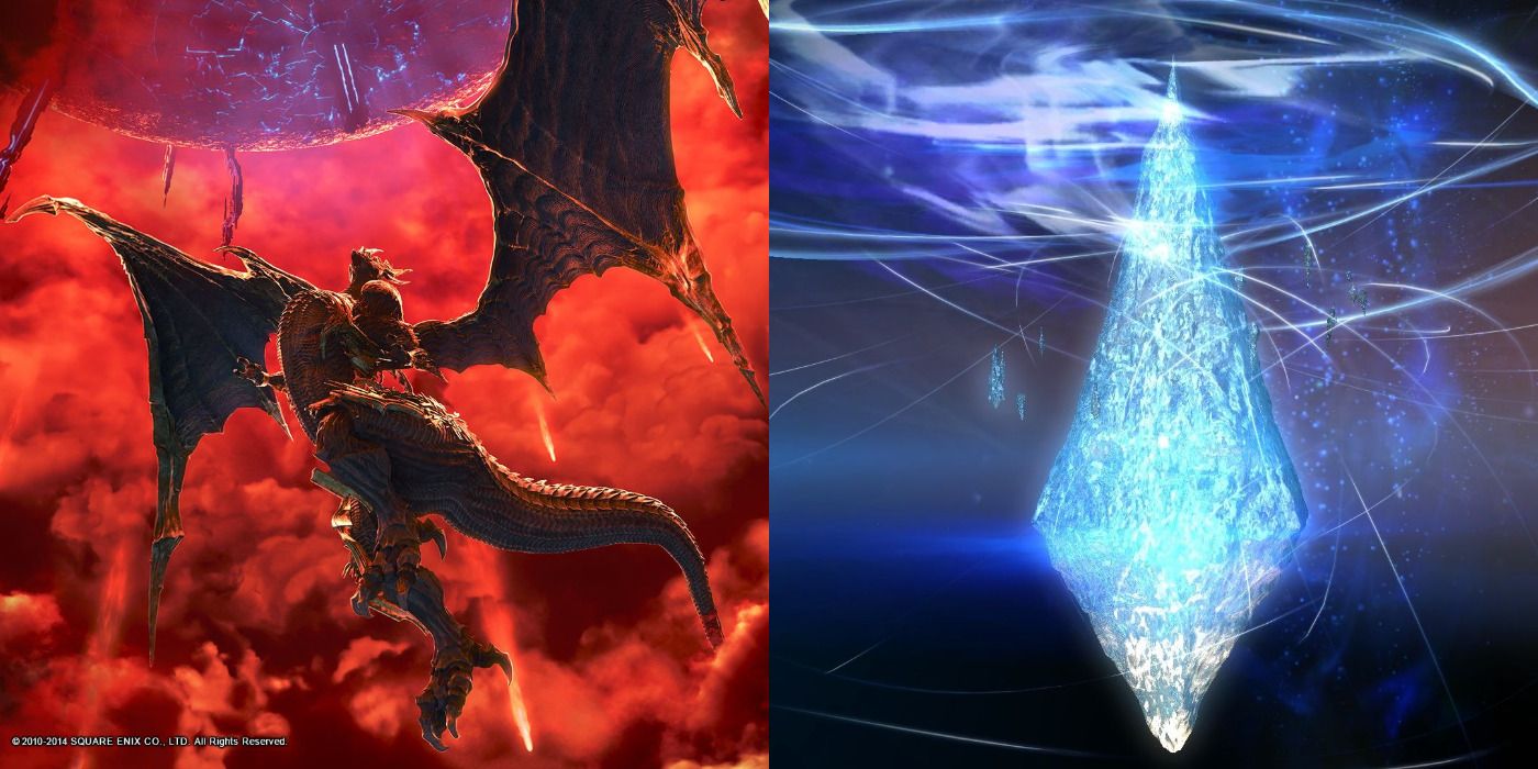 Split image of Final Fantasy XIV artwork showing Bahamut flying in a red sky and a blue Hydaelyn.
