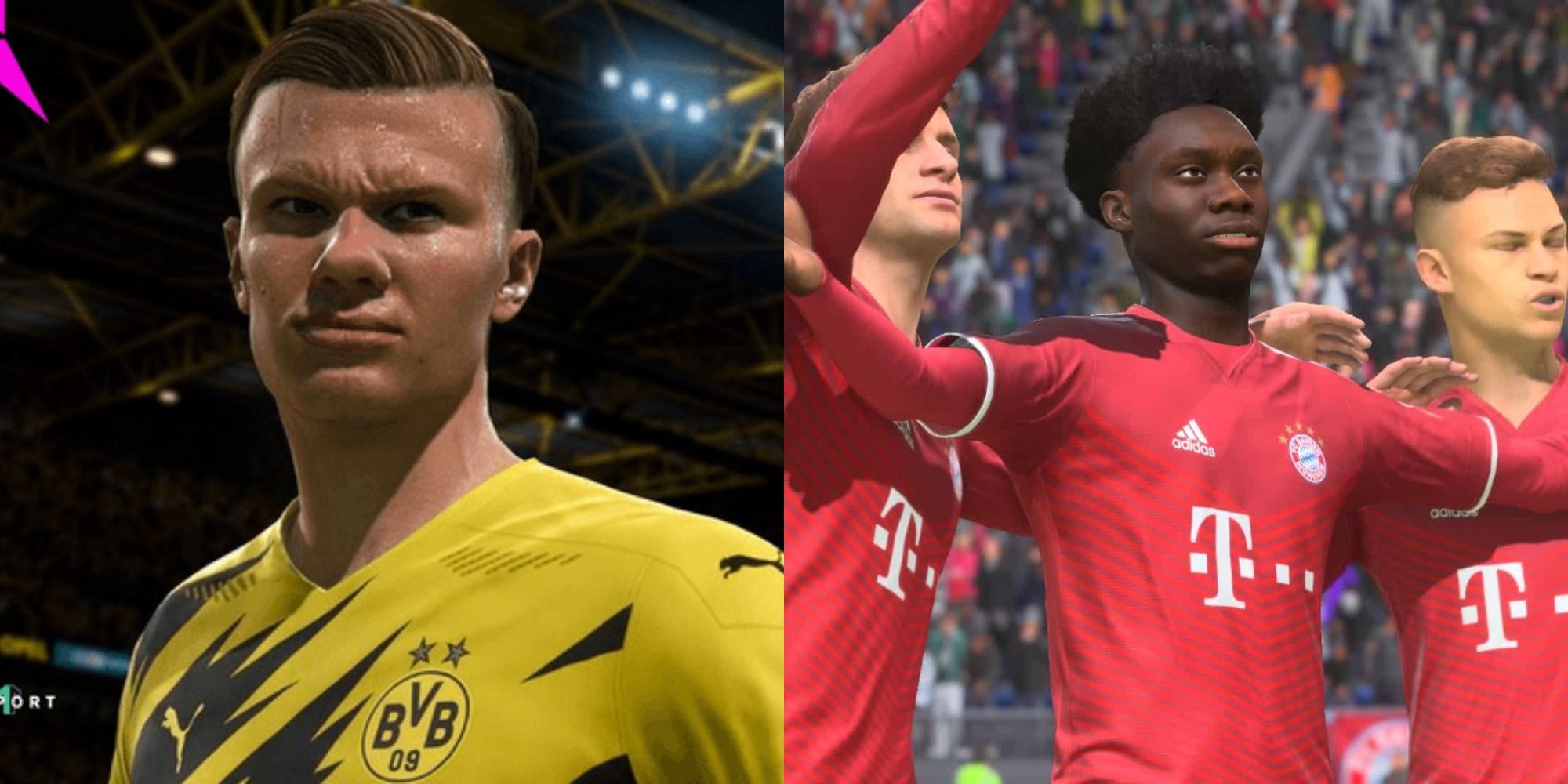 Split image showing Erling Haaland and Kingsley Coman in FIFA 22
