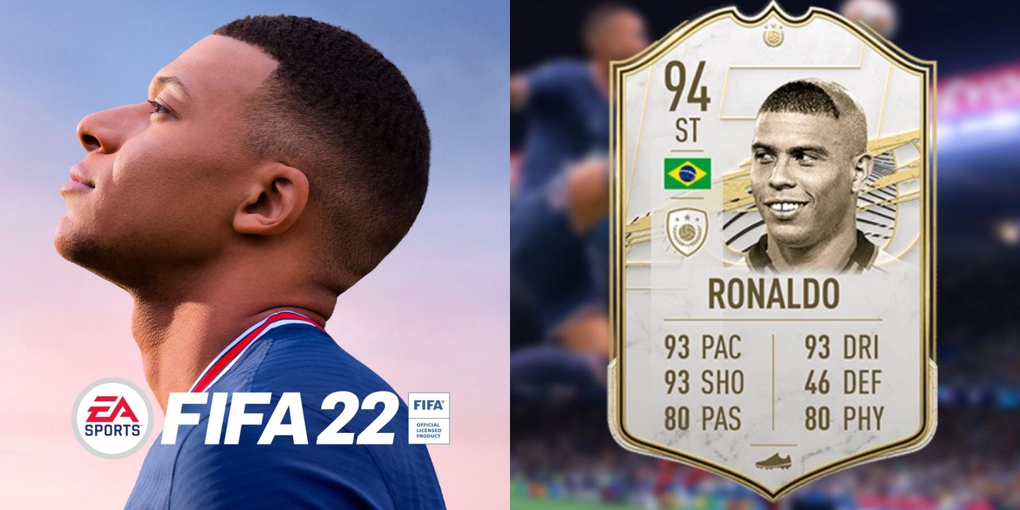 Split image showing the cover for FIFA 22 and Ronaldo's mid Icon