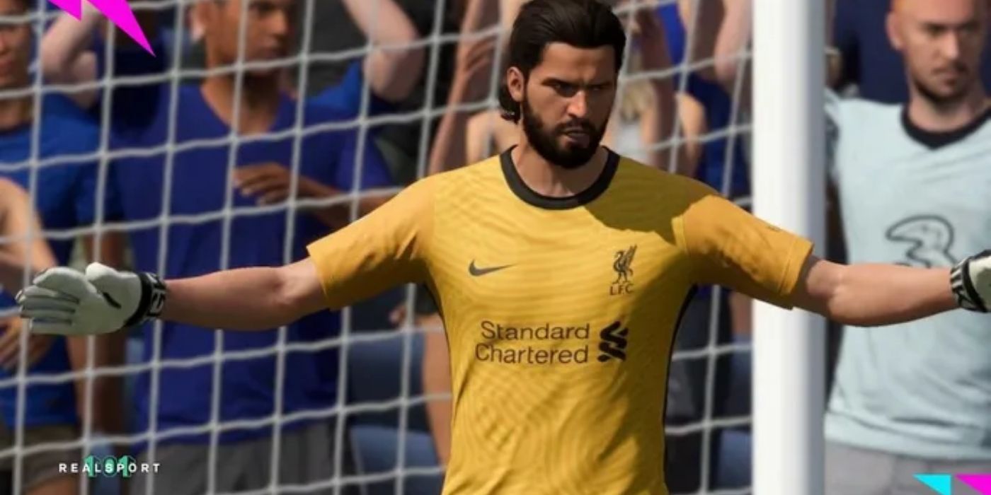 Alisson in front of the goal post in FIFA 22