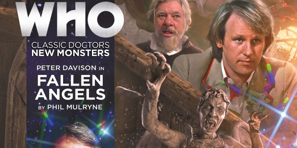 The Fifth Doctor and Matthew Kelly's Michelangelo with a Weeping Angel on the cover of Fallen Angels