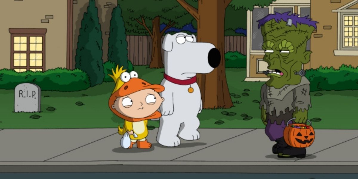 Brian trick or treating with Stewie dressed as a fish in Family Guy