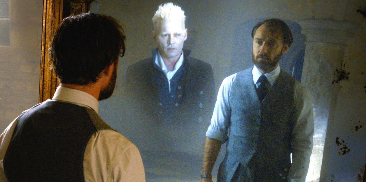 Fantastic Beasts 2 Jude Law as Dumbledore and Johnny Depp as Grindelwald in the Mirror of Erised