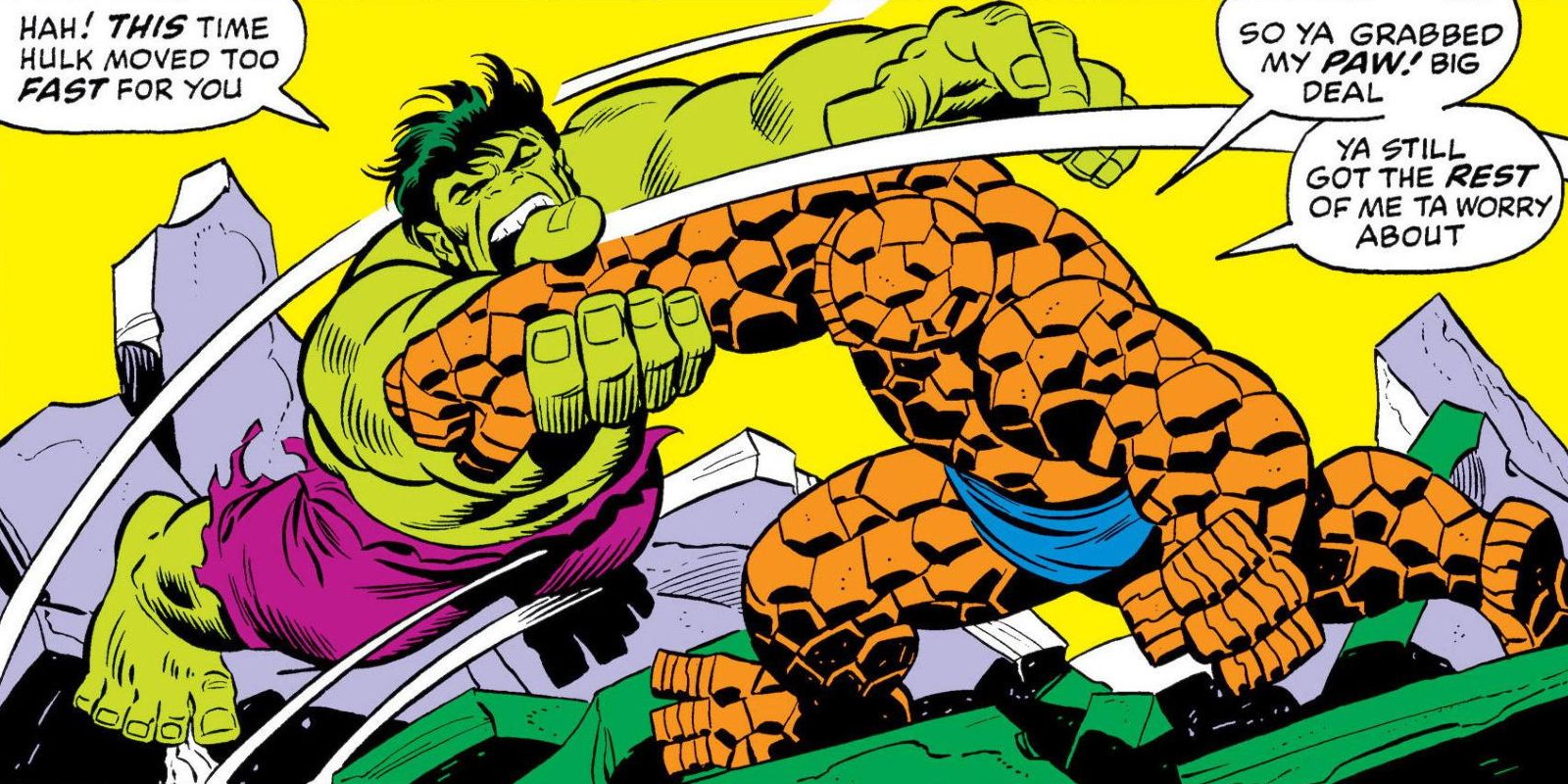 The Hulk and the Thing grapple each other in battle.