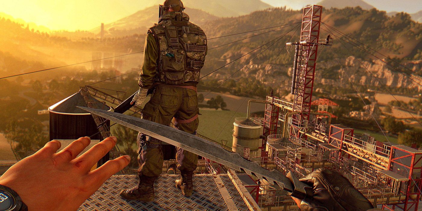 A player sneaking up behind an enemy soldier in Dying Light