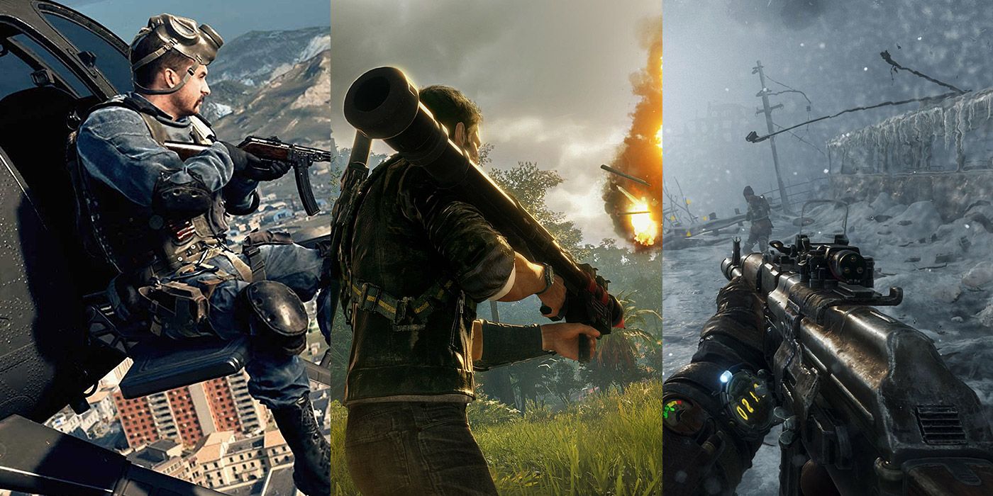 Split image of a soldier in COD: Warzone, a man with a bazooka in Just Cause 4 and Metro Exodus..