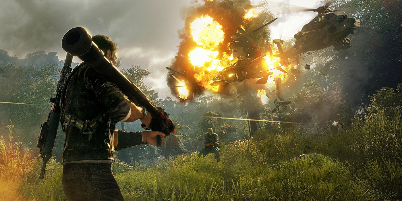 Rico blows up a helicopter in Just Cause 4