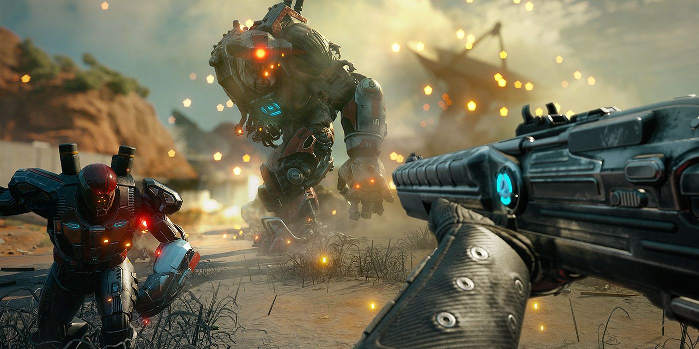 An armored soldier and a robot attack in Rage 2