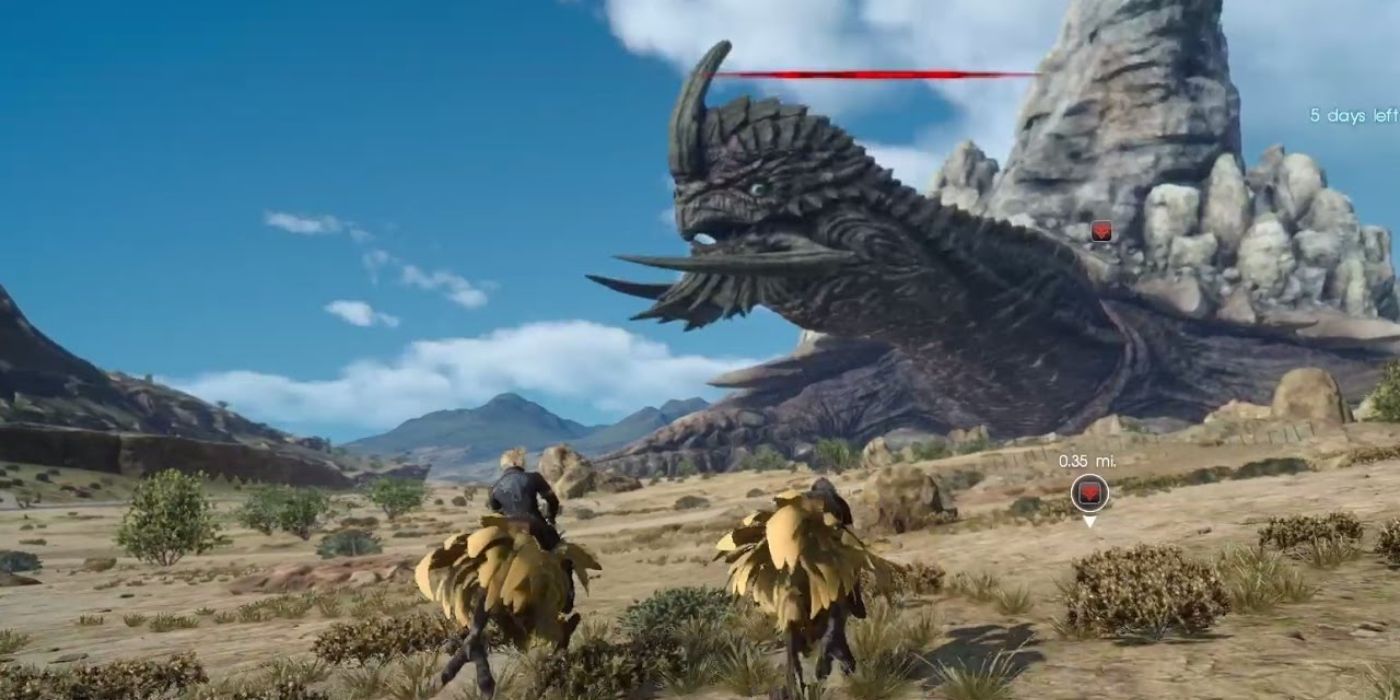 Pangeran Noctis dan pengawalnya mengendarai chocobo menuju kura-kura raksasa di Final Fantasy 15.