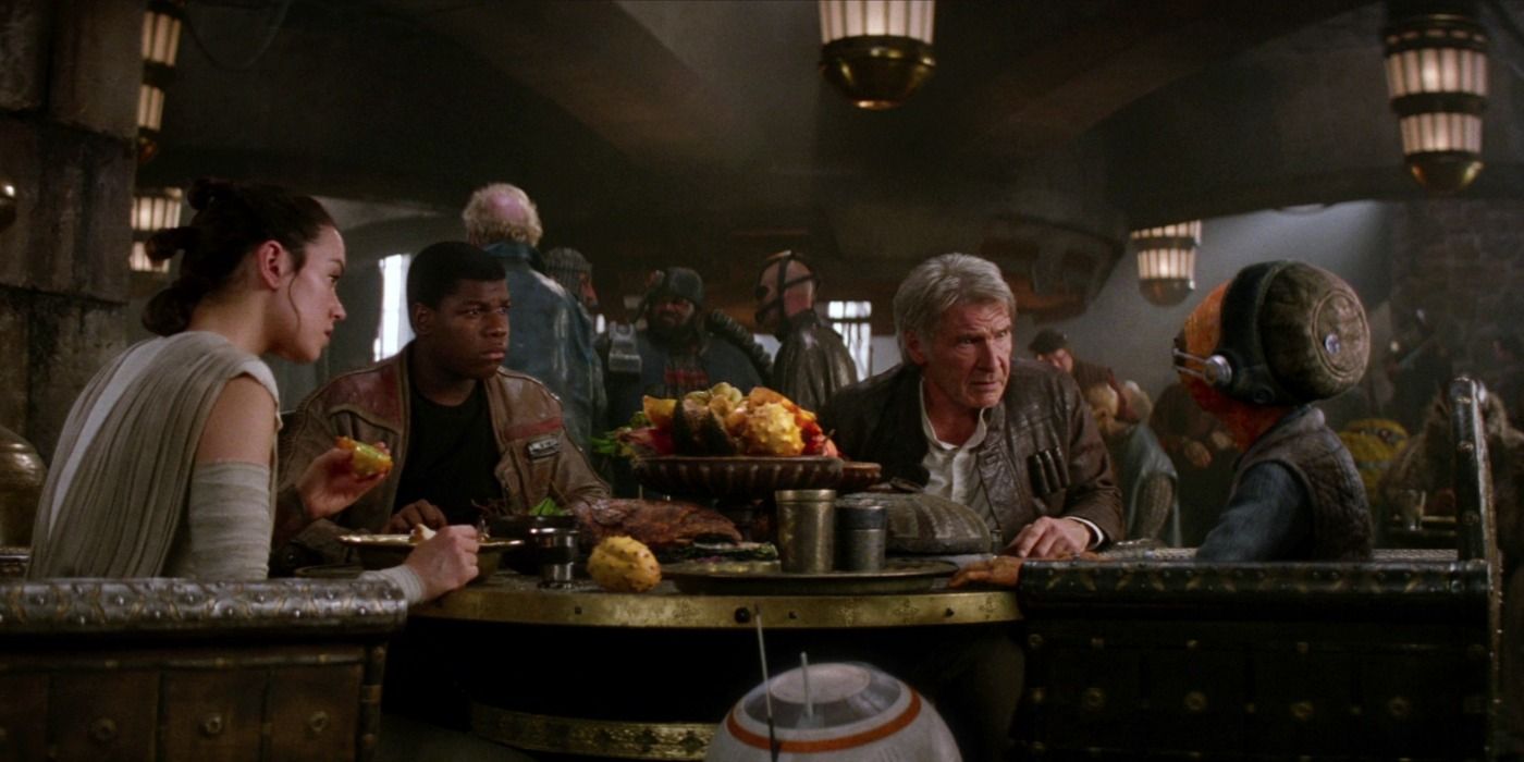 Finn, Rey, Han, and BB-8 meet with Maz Kanata at her castle on Takodana in The Force Awakens
