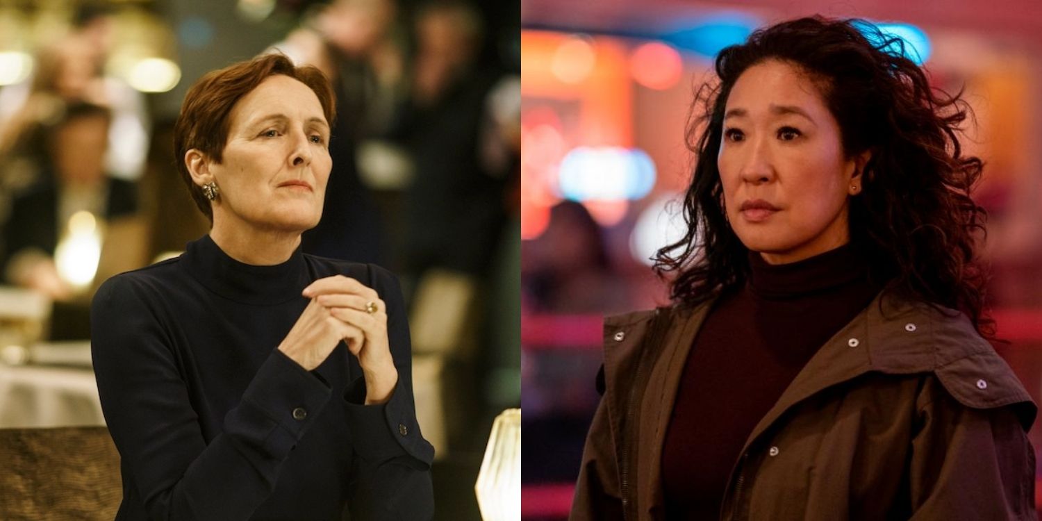 Split image of Fiona Shaw and Sandra Oh in Killing Eve