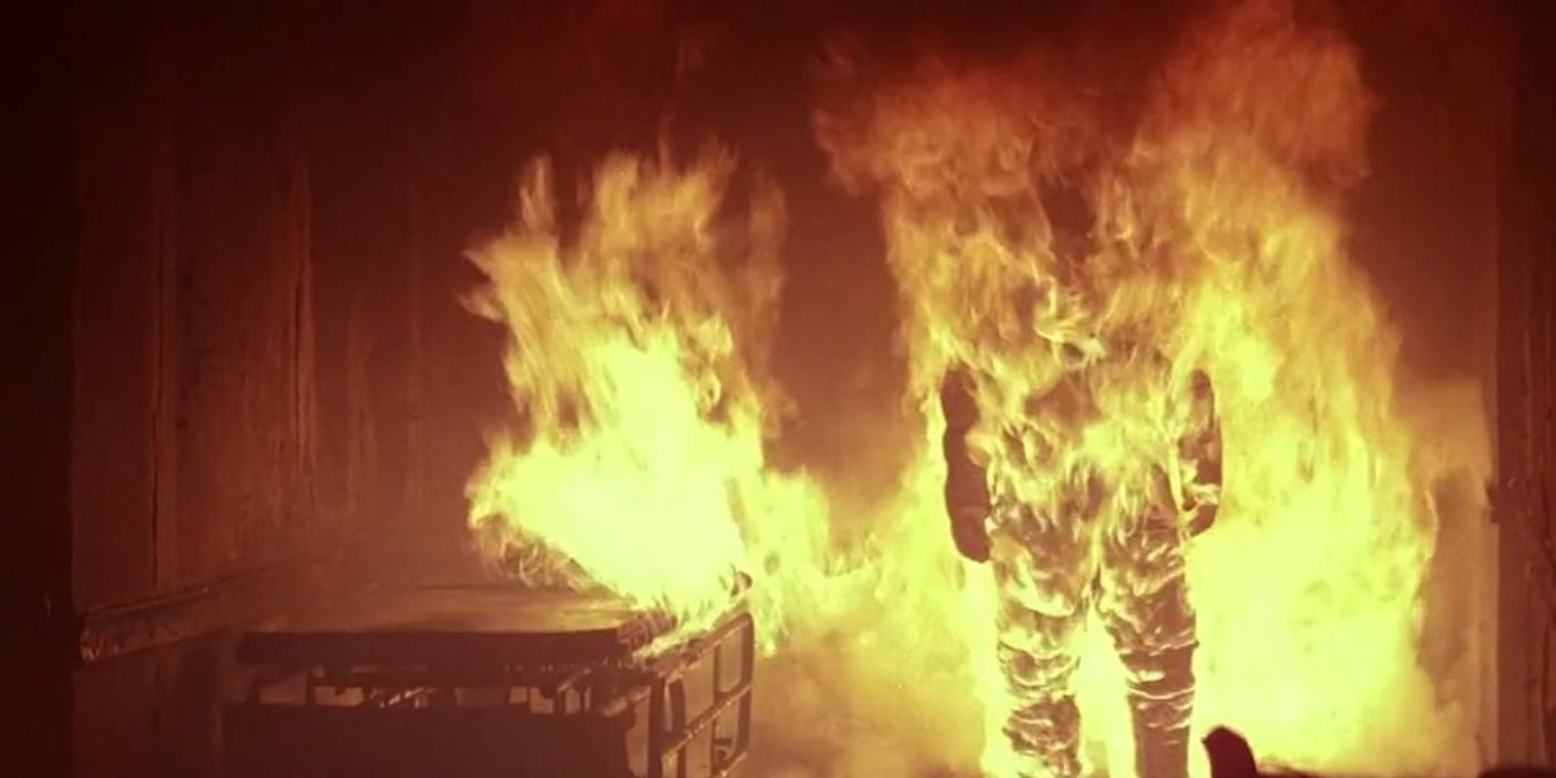 Michael walks while engulfed in flames in Halloween 2.