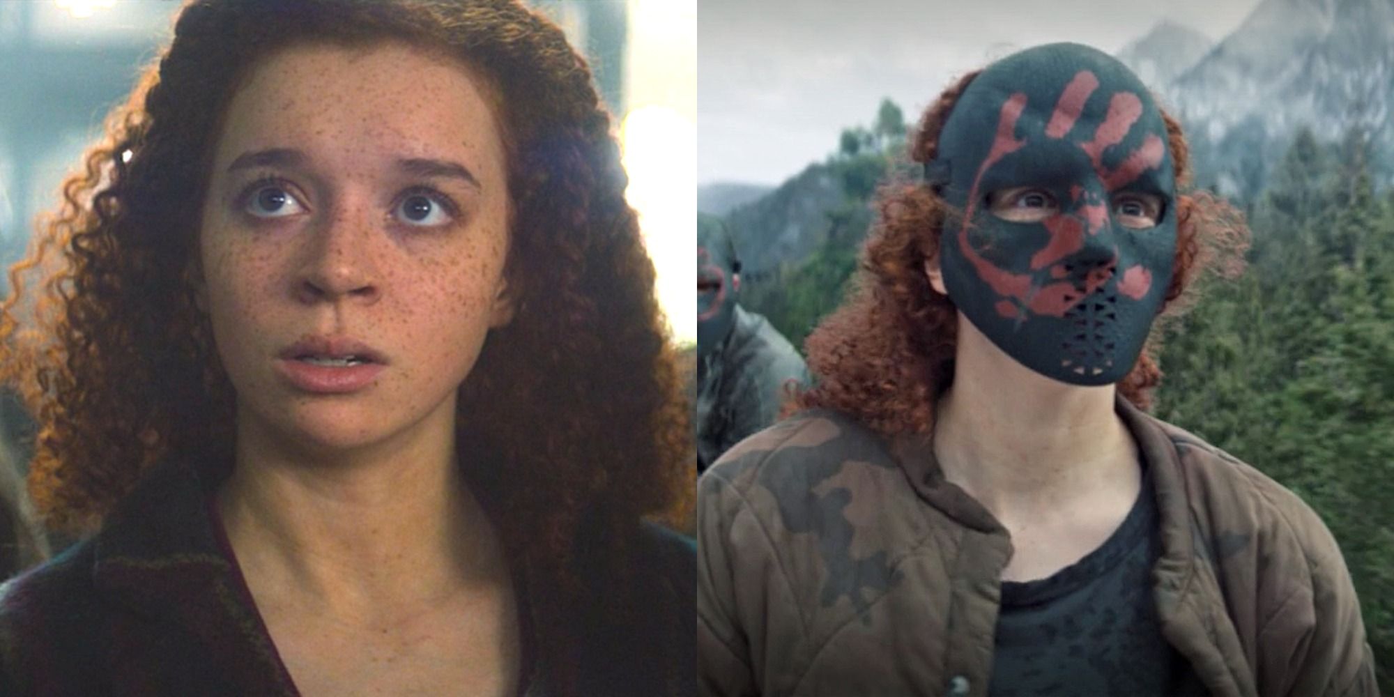 Split image of Karli Morgenthau and the Flag Smashers mask in Falcon and the Winter Soldier