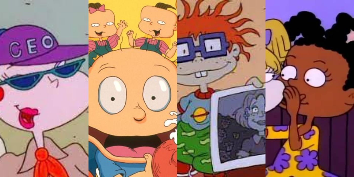 Four side by side images of Charlote Pickles in a hat, Tommy with Phil and Lil, Chuckie holding his moms picture, and Susie whispering to Angelica on Rugrats