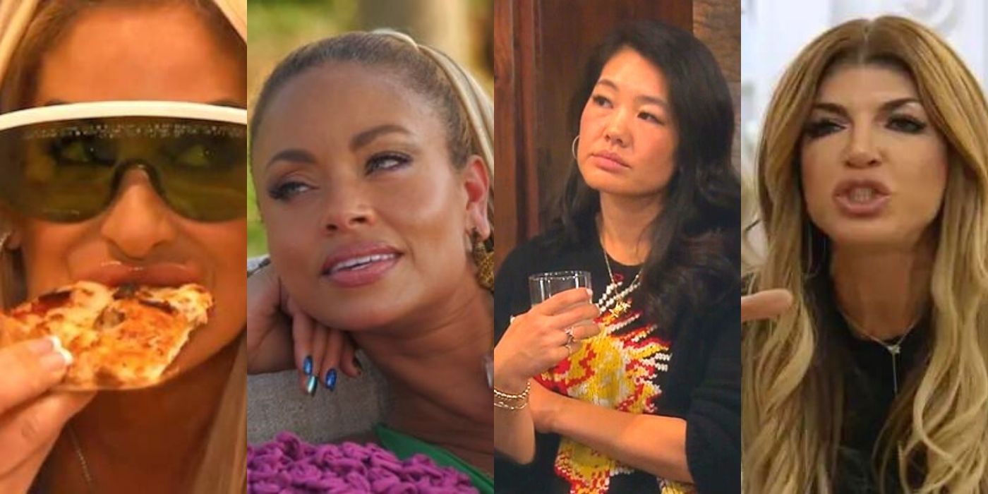 Four side by side images of Kim, Gizelle, Crystal, and Teesa from The Real Housewives in different scenes for their franchise